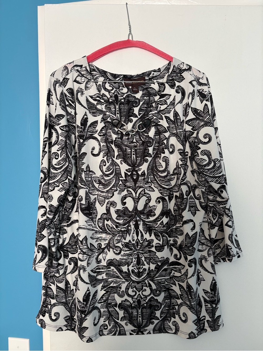 Dana Buchman Black and White Scroll-Print Tunic with Lace-Up Neck